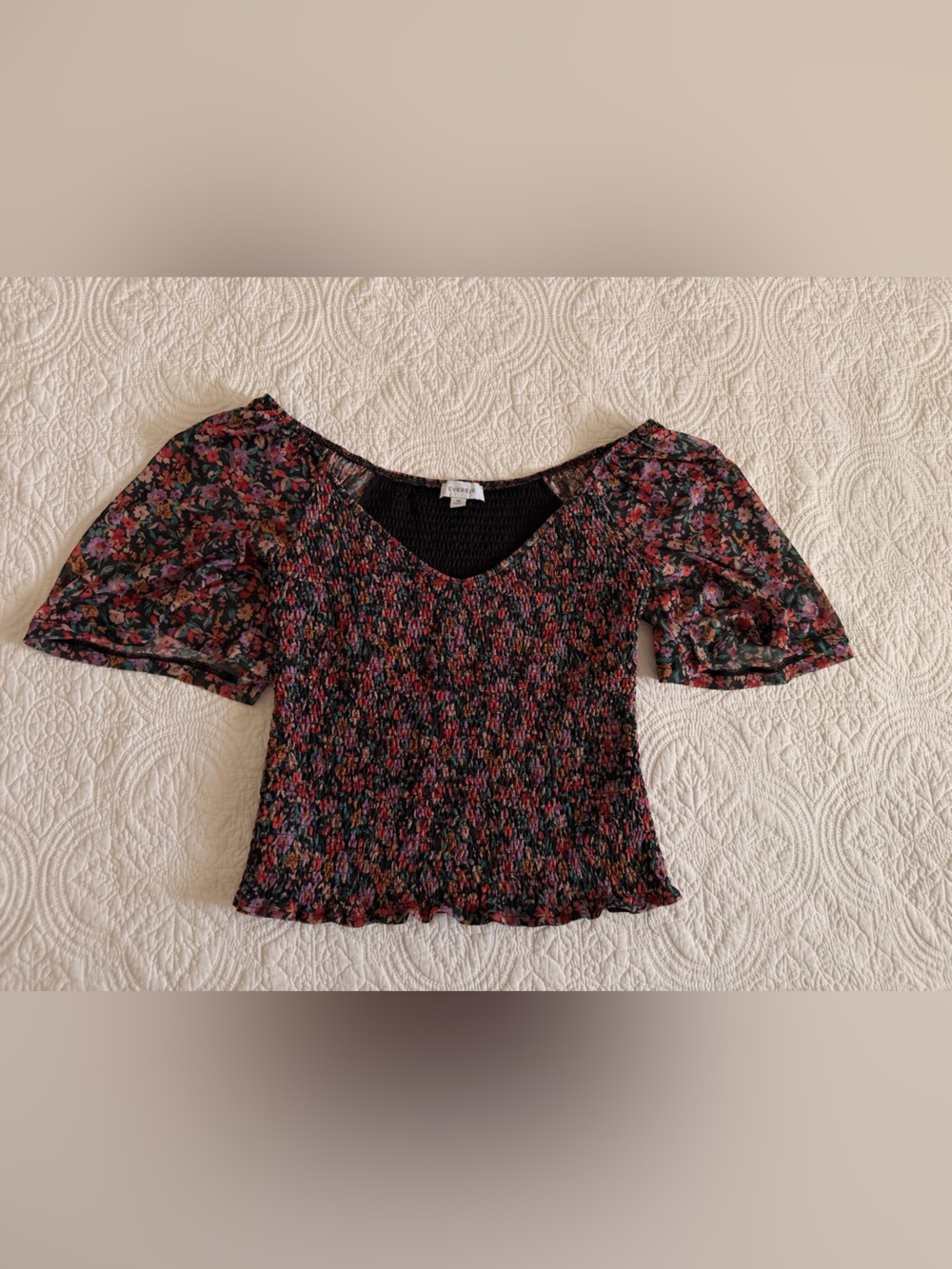 Evereve Floral Pink Black Off Shoulder Fitted Blouse Size M Like New